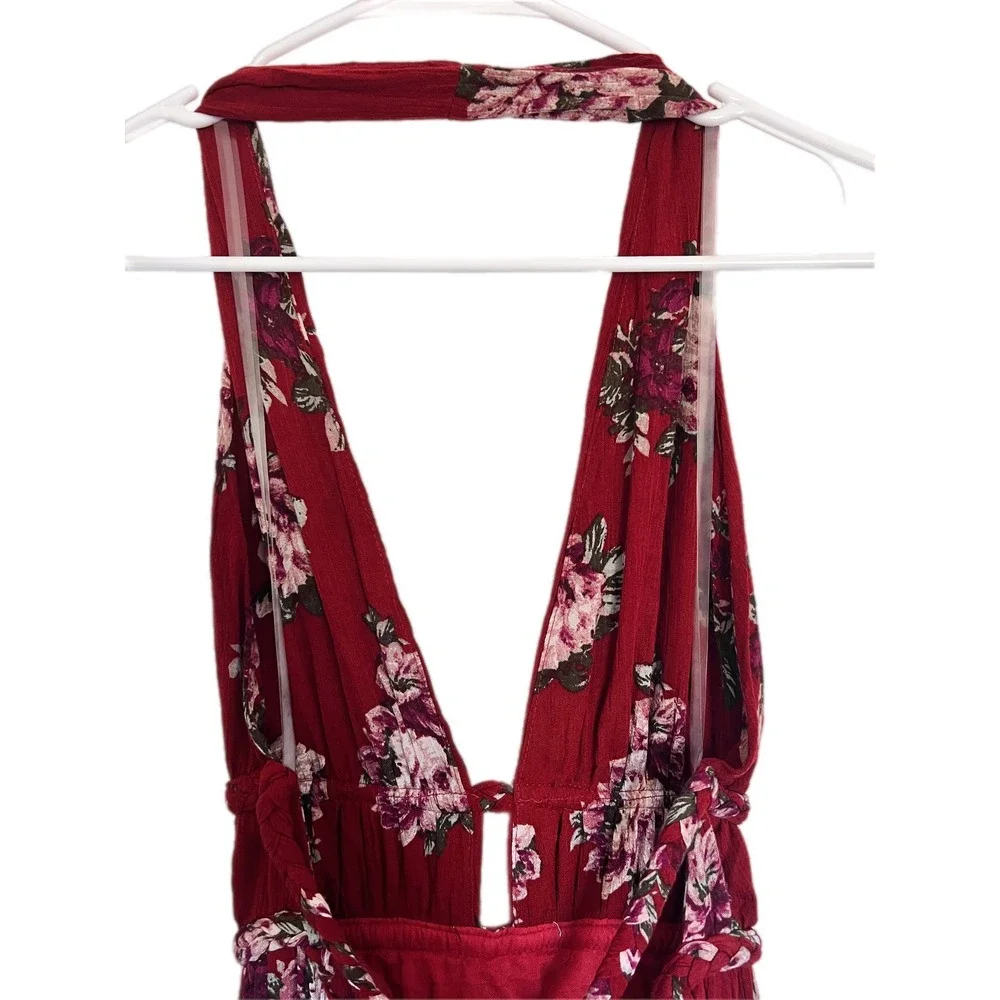 ILA ILA Floral Halter Maxi Dress Burgundy  Braided Waist Open Back Boho Summer - Picture 5 of 9